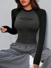 Easithlete 顏色拼塊鑲嵌短袖字母印花短款運動t恤 - 黑色 - 查看 7