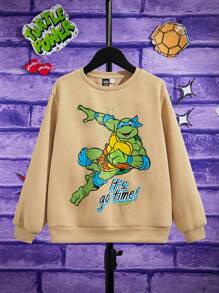 TEENAGE MUTANT NINJA TURTLES | SHEIN Tween Boys' Letter & Cartoon Printed Crewneck Sweatshirt - Khaki - View 1
