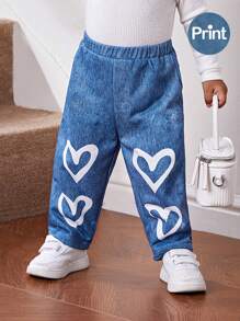 SHEIN 嬰兒女生休閒心形印花彈性腰長褲 - 藍色 - 查看 1