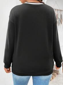 Flirla Plus Letter Graphic Striped Trim Drop Shoulder Sweatshirt - Black - View 2