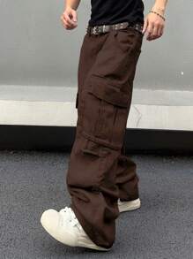 Manfinity EMRG 男士纯色无腰带工装牛仔裤 - 咖啡棕 - 查看 4