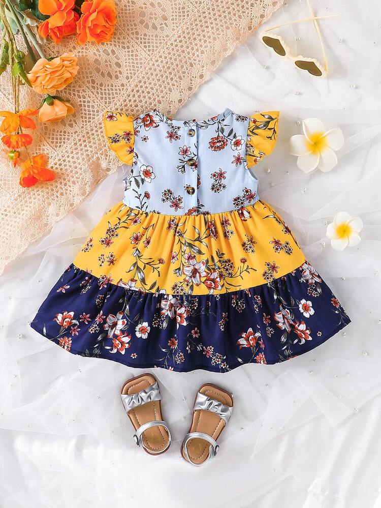 Baby Girl Holiday Floral Patchwork Flutter Sleeve Dress