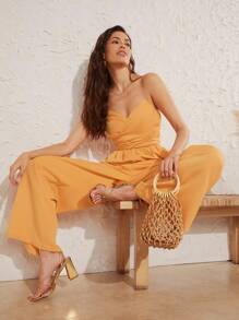L'Amorae Wrap Tie Strapless Wide Leg Jumpsuit - Orange - View 7