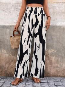 SHEIN Clasi 女款印花寬鬆抽褶腰長褲 - 杏色 - 查看 4