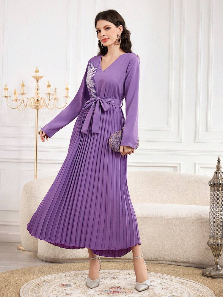 Women'S Beaded Embroidery Pleated Dress Fall Cloth For Women