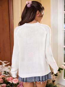 SHEIN Qutie Women's Cartoon Pattern Raglan Sleeve Sweater - White - View 2