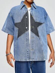 ROMWE MEN Street Life 星星圖案男士牛仔襯衫 - 藍色 - 查看 5