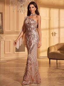 Women's Cape Sleeve Sequin Embellished Party Dress - Champagne - View 3
