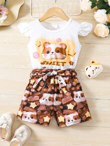 SHEIN Trẻ Cô gái Phim hoạt hình dễ thương Sóc In Áo thun Và Bộ quần short - màu nâu - Xem 3