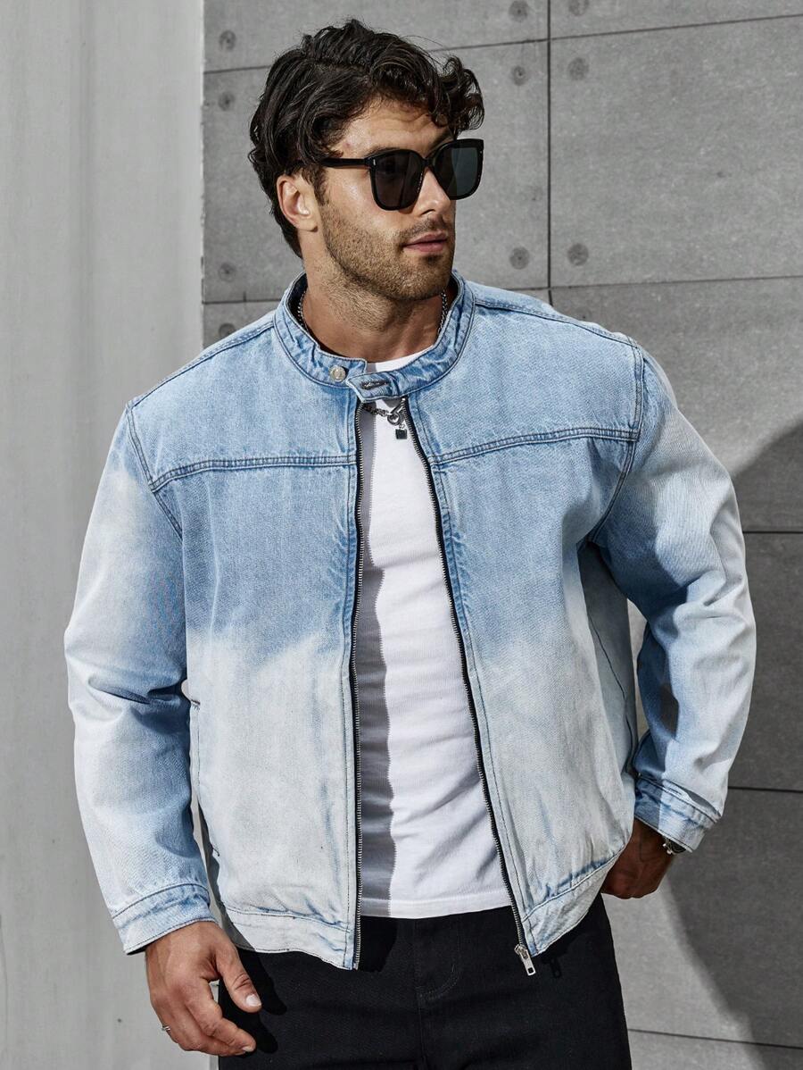 Manfinity Homme Nam Kích thước lớn Biến đổi dần Áo khoác denim Với Mặt trước Dây kéo - Rửa trung bình - Xem 1
