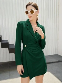 BizChic 女士秋季翻领裹身连衣裙，休闲都市通勤简约时尚基础商务休闲装，OL正式音乐会优雅礼服