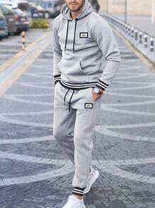 Manfinity Homme Loose Men's Stripe Detail  Pocket Hooded Sweatshirt And Sweatpants Set - Light Grey - View 3