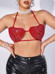 SHEIN ICON Y2K紅色加大碼心形鑲嵌胸衣吊帶領口開背削肩女式短上衣 - 紅色 - 查看 5