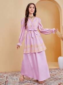 SHEIN بلوزة طبعات وأزياء تنورة A-line منسوجة بأسلوب لف الفتيات المراهقات، مجموعة من 2 قطعة - الأرجواني - مشاهدة 6