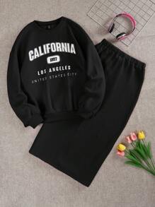 SHEIN EZwear Women's Letter Printed Long Sleeve Sweatshirt And Skirt Two Piece Set - Black - View 1