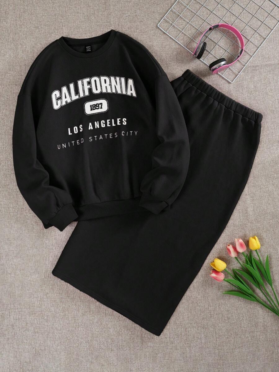 SHEIN EZwear Women's Letter Printed Long Sleeve Sweatshirt And Skirt Two Piece Set - Black - View 1