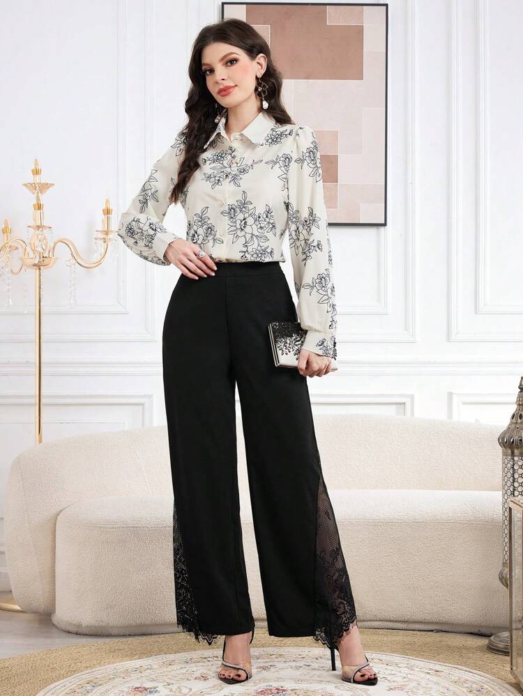 Lace Splicing Plain Color Casual Wide Leg Pants Fall Cloth For Women