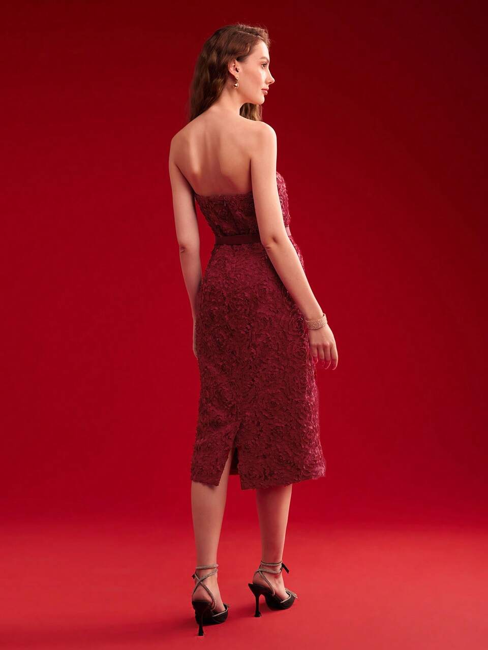 WOVEN WOMEN'S STRAPLESS DRESS WITH 3D FLORAL APPLIQUE BELT,VALENTINE'S DAY OUTFIT