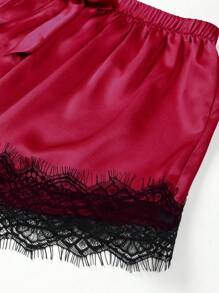 SilkySpell 2pcs/Set Silk Imitation Lace Splicing Camisole Top & Shorts Pajama Set