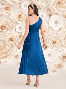 Modelyn 女式无袖连衣裙，带人造珍珠装饰，优雅晚会礼服，长款晚礼服 - 藍色 - 查看 4