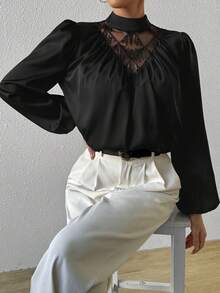 SHEIN Privé 女士网眼撞色闪光流苏立领褶饰灯笼袖衬衫 - 黑色 - 查看 4