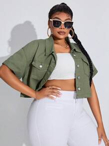 SHEIN SXY Plus Size Women'S Drop Shoulder Short Sleeve Denim Jacket - Army Green - View 5
