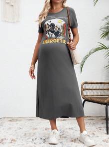 SHEIN Maternity Mountain Print Split Dress - Grey - View 4