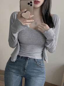 DAZY Áo thun dài tay có họa tiết gân và áo yếm dành cho nữ - Xám - Xem 2