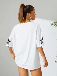 INAWLY Letter & Number Pattern Drop Shoulder Short Sleeve T-Shirt Graphic Tees Women Tops - White - View 2