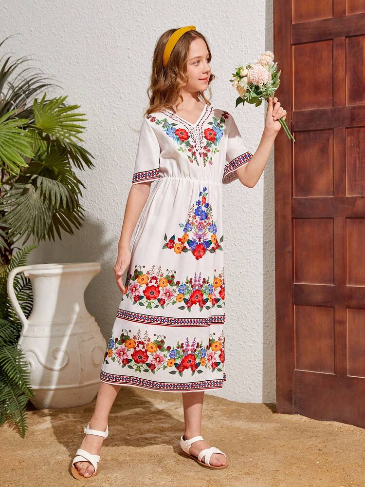 Tween Girls' Woven Floral Print V-Neck Loose Casual Vacation Dress