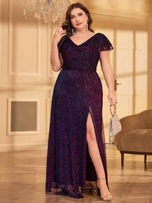 Plus Flutter Sleeve Split Thigh Glitter Party Dress - Purple - View 5
