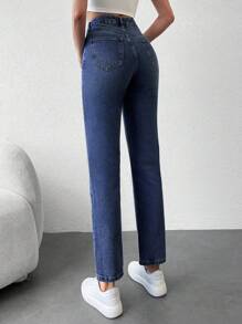 EURMUSE Straight Leg High Waisted Denim Pants - Dark Wash - View 2