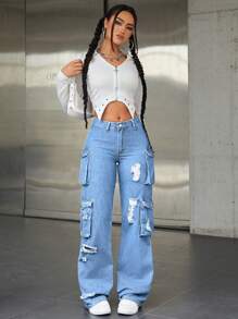 SHEIN ICON Ripped Cargo Denim Jeans - Light Wash - View 3