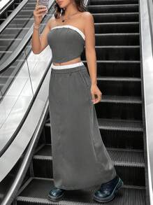 SHEIN Unity Color Block Casual Strapless Top And Skirt - Grey - View 6
