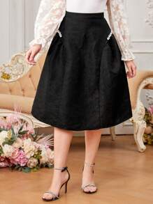 SHEIN Leap Crew Teen Girls' Jacquard Skirt With Rhinestone Decoration - Black - View 4