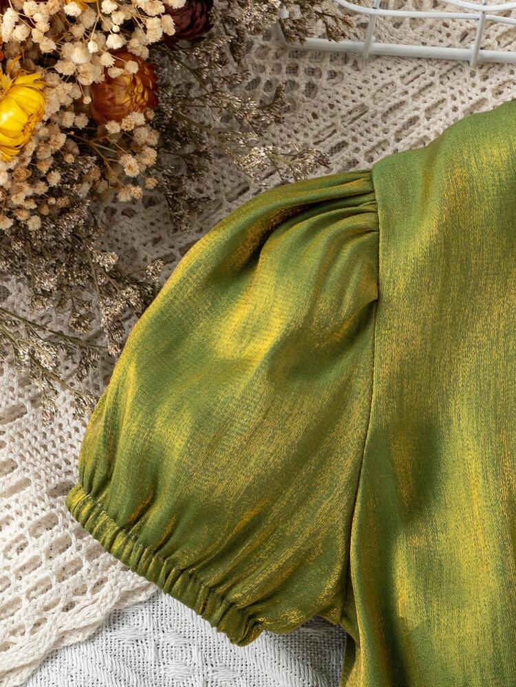 Young Girls' Puff Short Sleeve Casual Elegant Vintage Dress With Belt