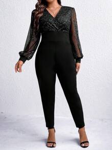 SHEIN Clasi Plus Contrast Mesh Lantern Sleeve Overlap Collar Jumpsuit Mesh Jumpsuitblack Jumpsuit Long Sleeve - Black - View 3