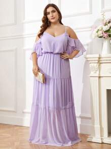 SHEIN Belle Kích thước lớn Của phụ nữ Váy phù dâu Với Hollow-out Vai , Thêu Dây đeo vai , Rộng Hem Và Bọc - Màu tím hoa cà - Xem 6