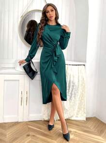 SHEIN Privé Elegant Ruffle Asymmetric Hem Party Dress For Date - Dark Green - View 8