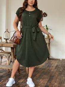 SHEIN LUNE Đầm chữ A cổ tròn tay cánh dơi thường ngày cỡ lớn cho nữ có dây buộc eo, trang phục mùa hè - xanh quân đội - Xem 4
