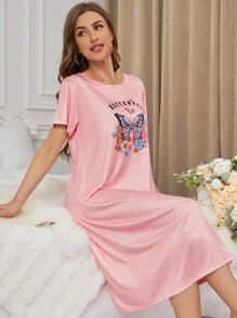 女士花卉、蝴蝶和字母印花睡衣裙 - 粉色 - 查看 6