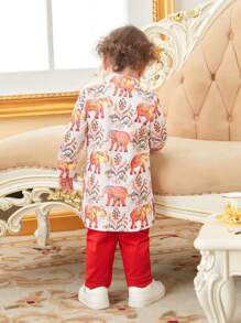 嬰兒男寶寶春夏季兩件式大象趣味印花可愛日常休閒套裝 - 彩色 - 查看 2