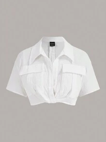 SHEIN EZwear Summer Going Out Tweaking In The Front Flap Pocket Drop Shoulder Crop White Shirt,Short Sleeve Tops