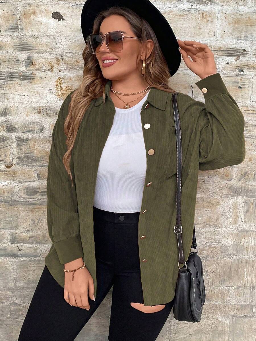 SHEIN LUNE Plus Solid Button Front Shirt Fall Cloth For Women - Army Green - View 1