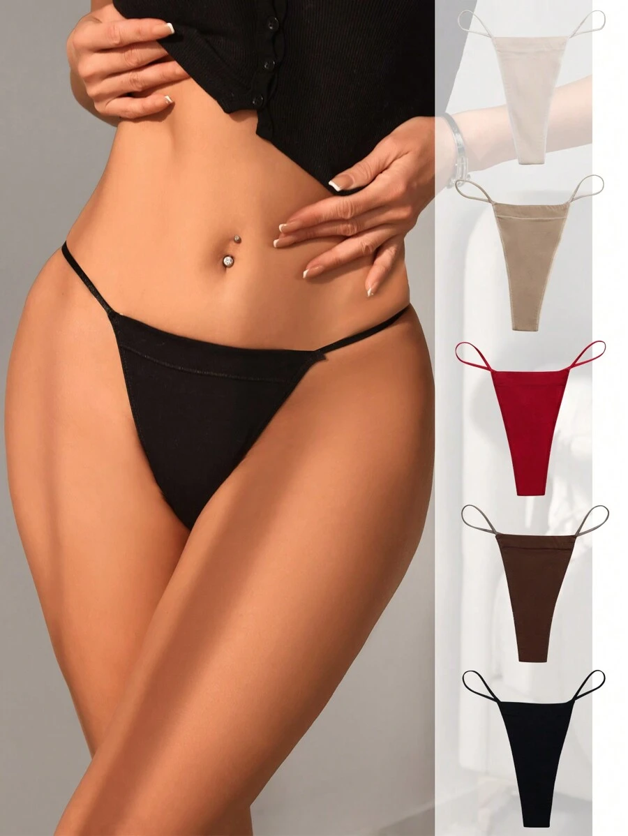 SHEIN 女士休闲舒适多色针织面料纯色丁字裤，中等弹性