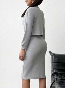 SHEIN Cottnline Mock Neck Drop Shoulder Crop Tee & Bodycon Dress