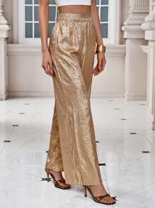 SHEIN Clasi Ladies' Glossy Wide Leg Pants - Gold - View 3