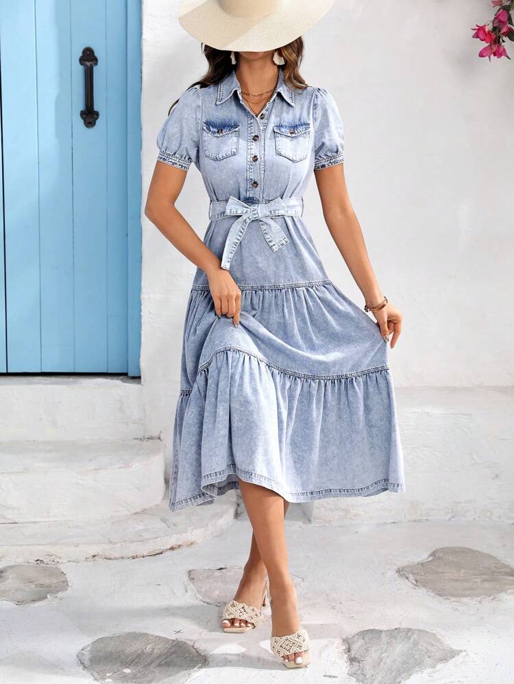 Women's Loose-Fitting Denim Dress With Puff Sleeves And Turn-Down Collar In College Style