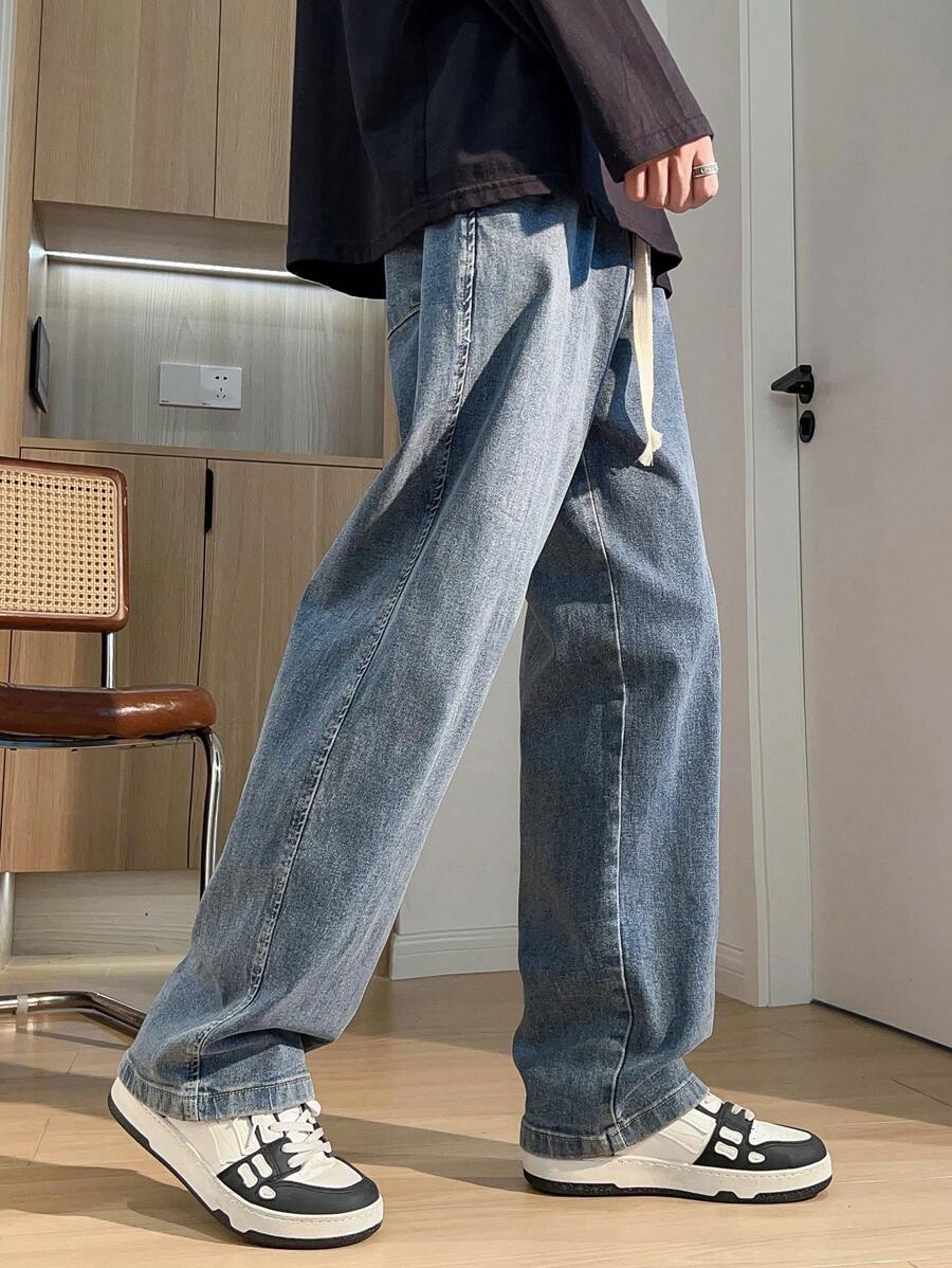 Jeans dritti con vita con cordoncino casual da uomo - Blu - Visualizzare 1
