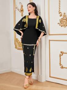 Al Najma Gold Foil Printed Dress - Black - View 6